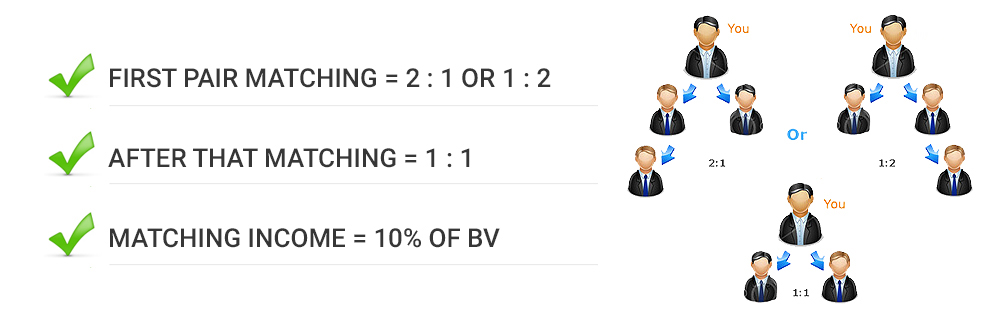 First Pair Matching = 1:2 or 2:1, After That Matching = 1:1, Matching Income = 10% of BV